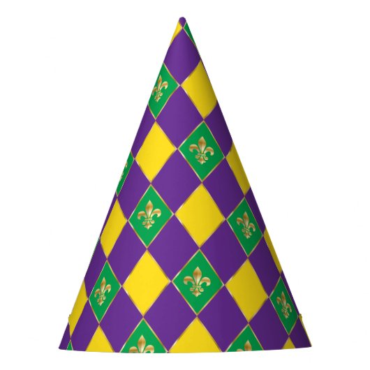 Mardi Gras Carnival Harlequin Fleur de Lis Diamond Feesthoedjes (Voorkant)
