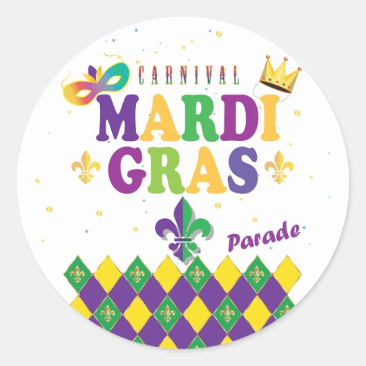 Mardi Gras Carnival Harlequin Fleur de Lis Diamond Ronde Sticker (Voorkant)