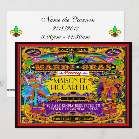 Mardi Gras Carnival Invitation Kaart (Voorkant / Achterkant)