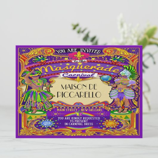 Mardi Gras Carnival Invitation Kaart (Staand voorkant)
