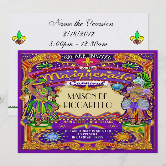 Mardi Gras Carnival Invitation Kaart (Voorkant / Achterkant)