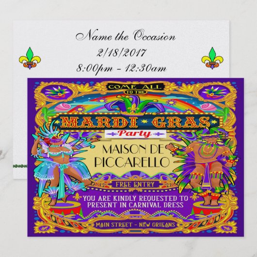 Mardi Gras Carnival Invitation Kaart (Voorkant / Achterkant)