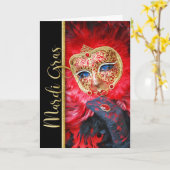 Mardi Gras Carnival Masker met rode veren Kaart (Gele Bloem)