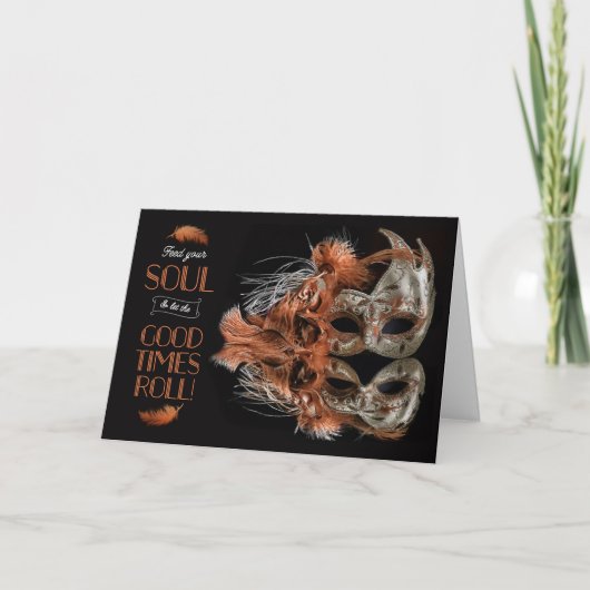 Mardi Gras Carnival Masker met veren in Bronze Kaart (Voorkant)