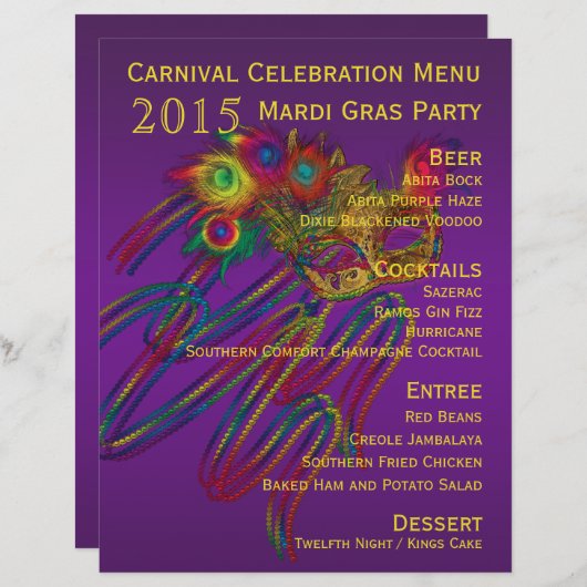 Mardi Gras Carnival Party Menu Stationery (Voorkant / Achterkant)