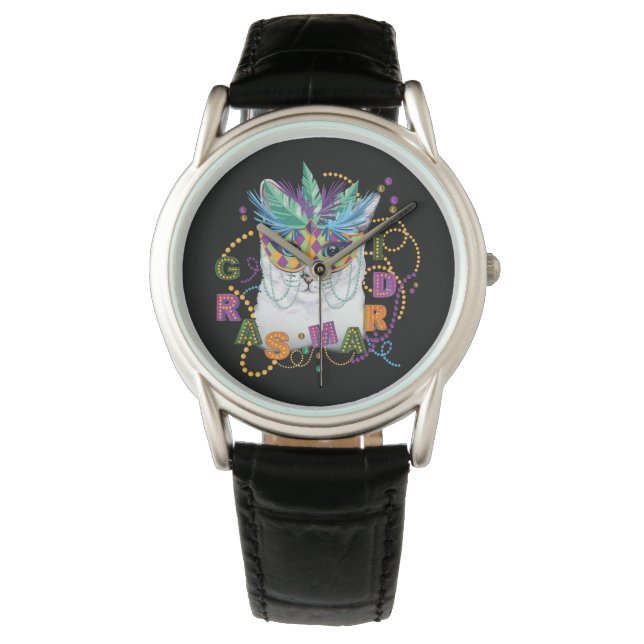 Mardi Gras Cat, Funny Mardi Gras Horloge (Voorkant)