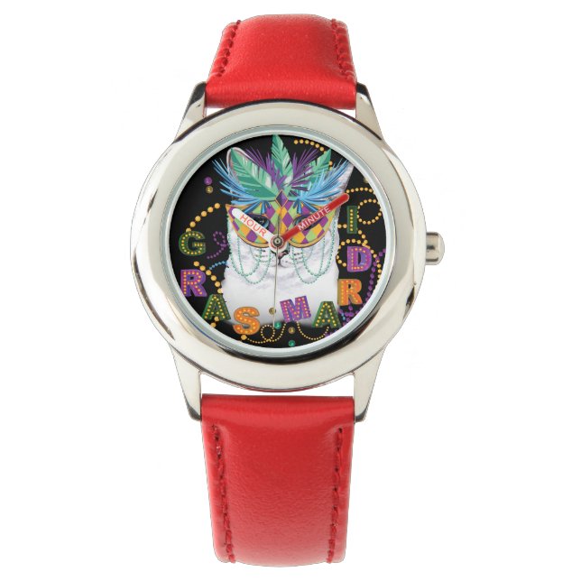 Mardi Gras Cat, Funny Mardi Gras Horloge (Voorkant)