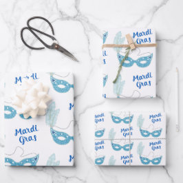 Mardi Gras Celebration Blue maskers Feathers Inpakpapier Vel