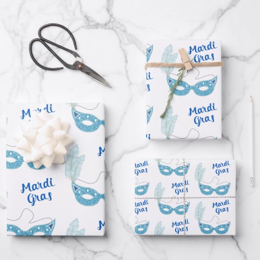 Mardi Gras Celebration Blue maskers Feathers Inpakpapier Vel (Voorkant)