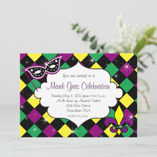 Mardi Gras Celebration Invitation Kaart (Staand voorkant)