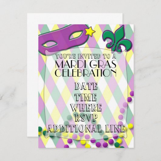 Mardi Gras Celebration Invitation Kaart (Voorkant / Achterkant)