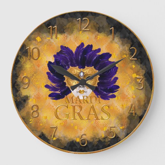 Mardi Gras Clock, Blue Feather Mardi Gras Mask Grote Klok (Voorkant)