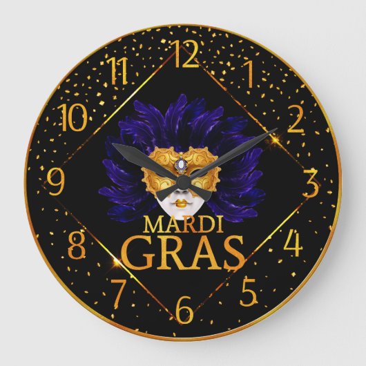 Mardi Gras Clock, Blue Feather Mardi Gras Mask Grote Klok (Voorkant)