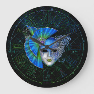 Mardi Gras Clock, Blue Green Mardi Gras Mask Grote Klok