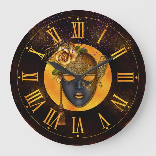 Mardi Gras Clock, Blue Mask Golden Roos Grote Klok (Voorkant)
