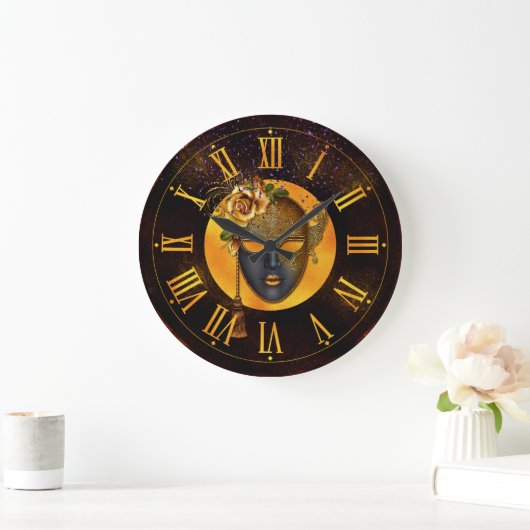 Mardi Gras Clock, Blue Mask Golden Roos Grote Klok (Huis)
