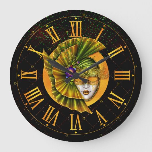 Mardi Gras Clock, Carnival Green Golden Mask Grote Klok (Voorkant)