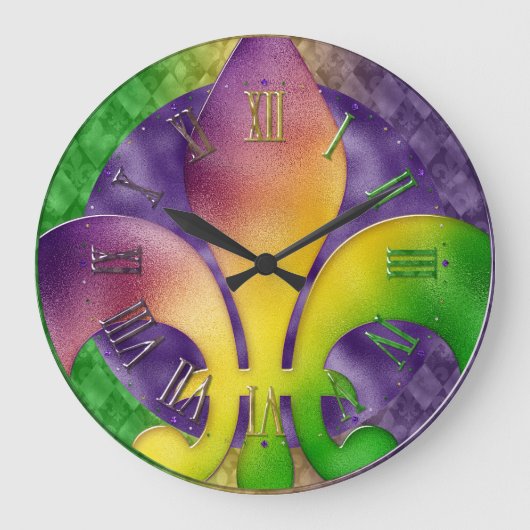 Mardi Gras Clock, Colorful Fleur de Lis Grote Klok (Voorkant)