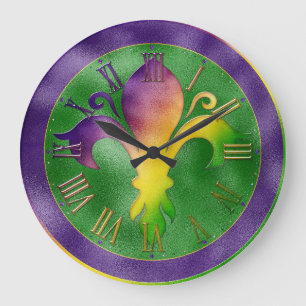 Mardi Gras Clock, Colorful Fleur de Lis Large Cloc Grote Klok