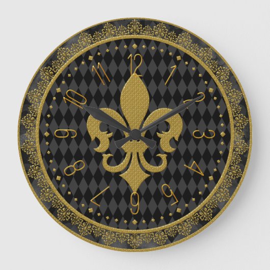 Mardi Gras Clock, Golden Fleur de Lis Grote Klok (Voorkant)