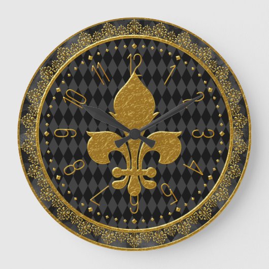Mardi Gras Clock, Golden Fleur de Lis Large Clock Grote Klok (Voorkant)