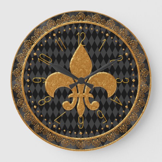 Mardi Gras Clock, Golden Fleur de Lis Large Clock Grote Klok (Voorkant)