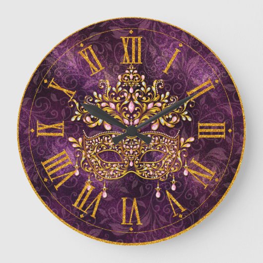 Mardi Gras Clock, Golden Jeweled Mask Grote Klok (Voorkant)