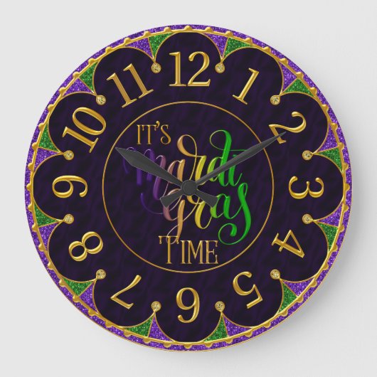 Mardi Gras Clock, kleurrijk Het is Mardi Gras Time Grote Klok (Voorkant)
