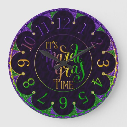 Mardi Gras Clock, kleurrijk Het is Mardi Gras Time Grote Klok (Voorkant)