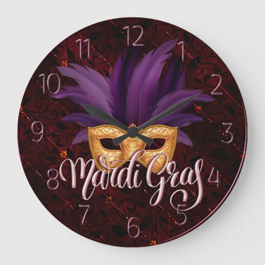 Mardi Gras Clock, Mardi Gras Feather Mask Grote Klok (Voorkant)