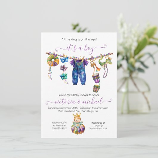 Mardi Gras Clothesline Boy Baby shower Kaart (Staand voorkant)