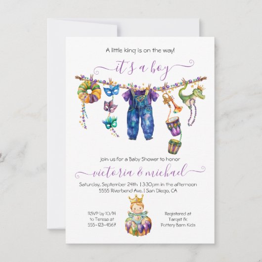 Mardi Gras Clothesline Boy Baby shower Kaart (Voorkant)