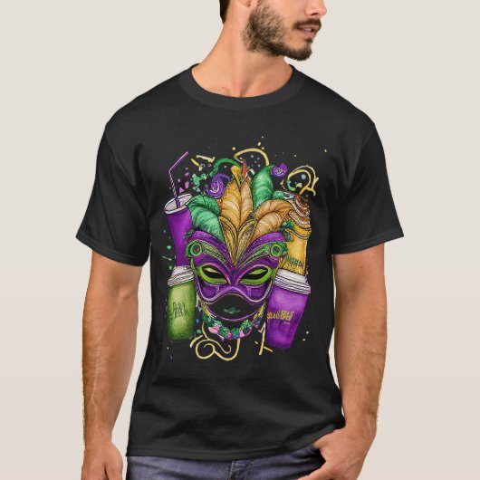 Mardi Gras Coffee Cups and Mask Fat Dinsdag Carniv T-shirt (Voorkant)