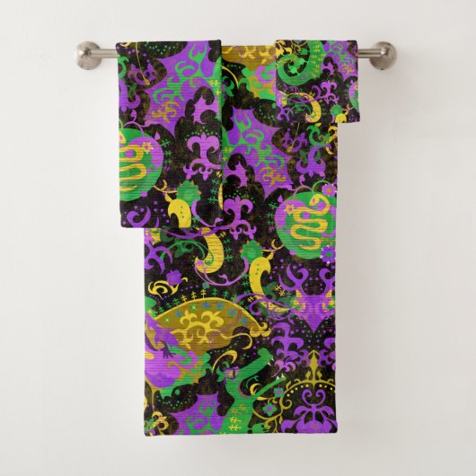 Mardi Gras Colors Damask Dragon, Butterfly, Snake Bad Handdoek (Insitu)