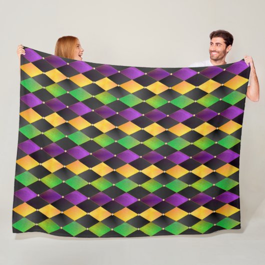 Mardi Gras Colors Diamond Harlequin Argyle - Zwart Fleece Deken (In situ)