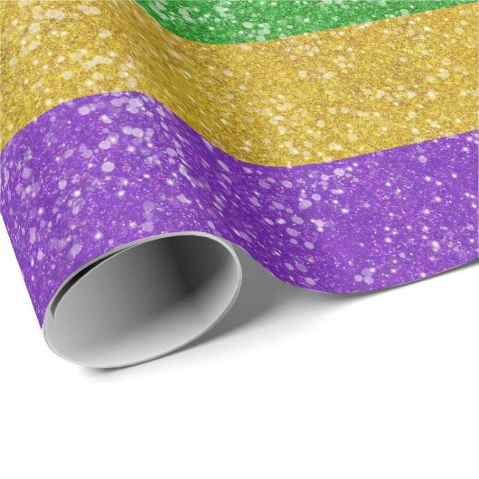 Mardi Gras Colors Glitter Horizontale Stripe Bling Cadeaupapier (Rol Hoek)