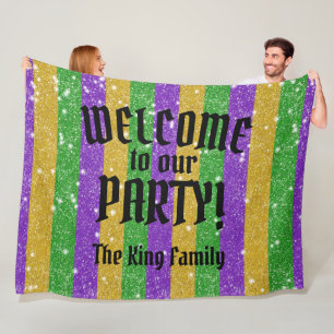 Mardi Gras Colors Glitter Stripe Bling Welkom Fleece Deken