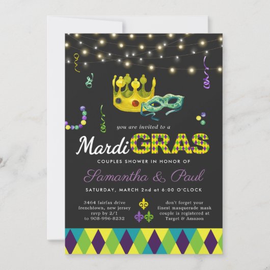 Mardi Gras Couple's Shower Invitation (Voorkant)