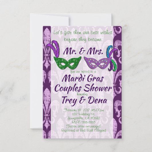 Mardi Gras Couples Shower Invite Kaart (Voorkant)