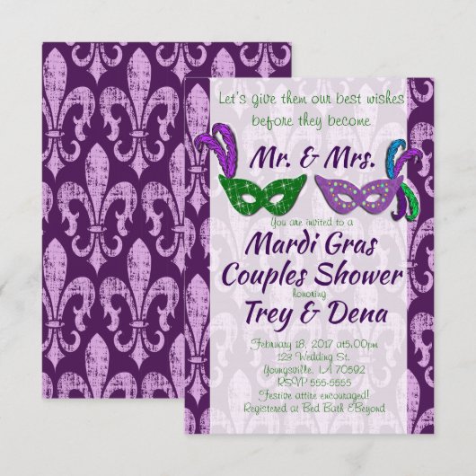 Mardi Gras Couples Shower Invite Kaart (Voorkant / Achterkant)