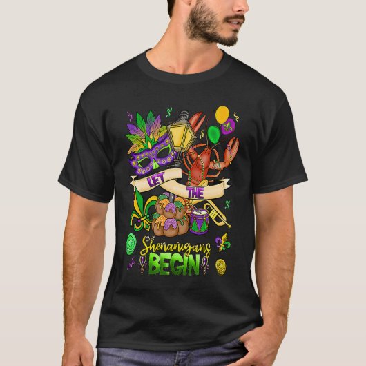 Mardi Gras Crawfish Jester Beads Let Shenanigans B T-shirt (Voorkant)