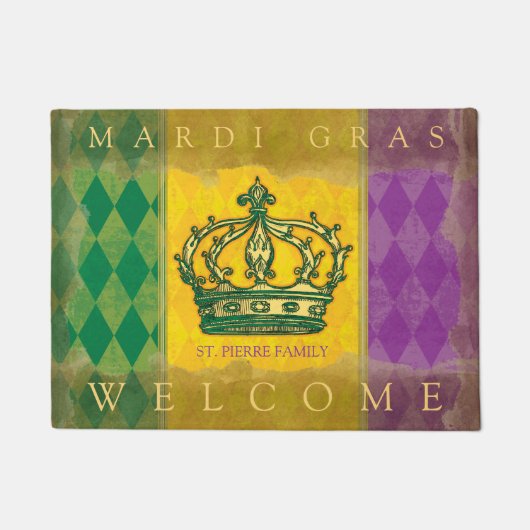 Mardi Gras Crown Paarse gouden familienaam Welkom Deurmat (Voorkant)