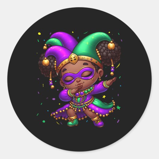 Mardi Gras Dabbing Schattige Zwart Meisje Jester P Ronde Sticker (Voorkant)