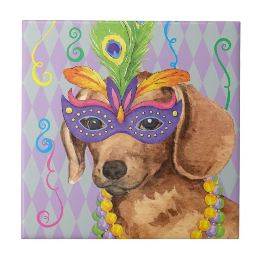 Mardi Gras Dachshund Tegeltje (Voorkant)