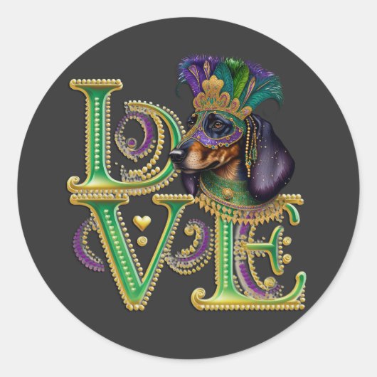 Mardi Gras Dachshund Word LOVE Masquerade Ronde Sticker (Voorkant)
