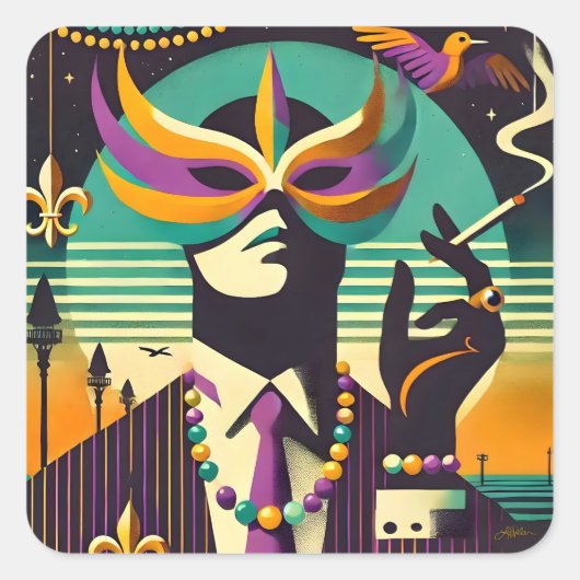 Mardi Gras De Rokkende Man Vierkante Sticker (Voorkant)