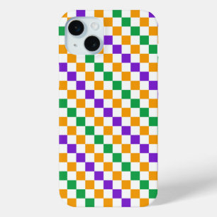 Mardi gras diagonaal dambordpatroon iPhone 15 mini hoesje
