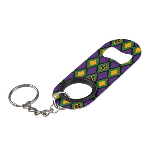Mardi Gras Diamond Pattern met Fleur De Lis Sleutelhanger Flessenopener (Voorkant Gekanteld)