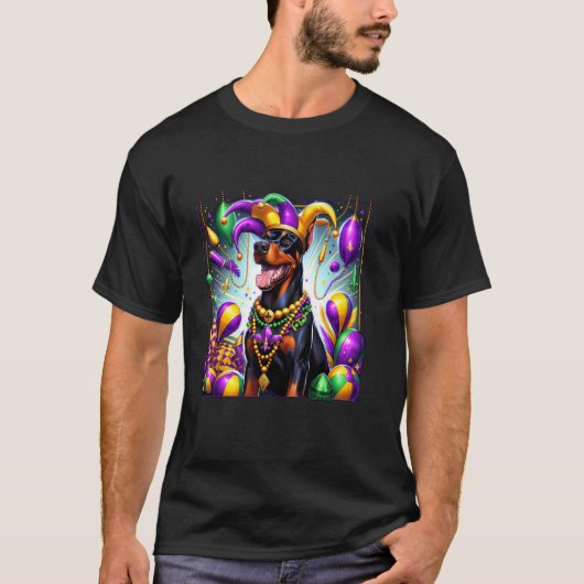 Mardi Gras Dobermann Hond T-shirt (Voorkant)