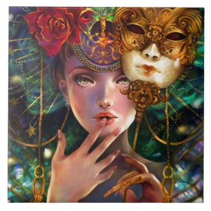 Mardi Gras Fancy Surreal Masquerade Mask Girl Art Tegeltje